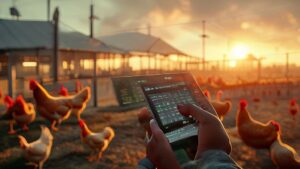 Farmer analyzing 1000 chicken farm profits on tablet in modern poultry operation