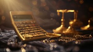 14-karat gold calculator with jewelry on velvet, professional photography