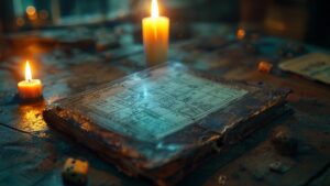 D&D 3.5e Point Buy Calculator on an open book with holographic stats overlay.