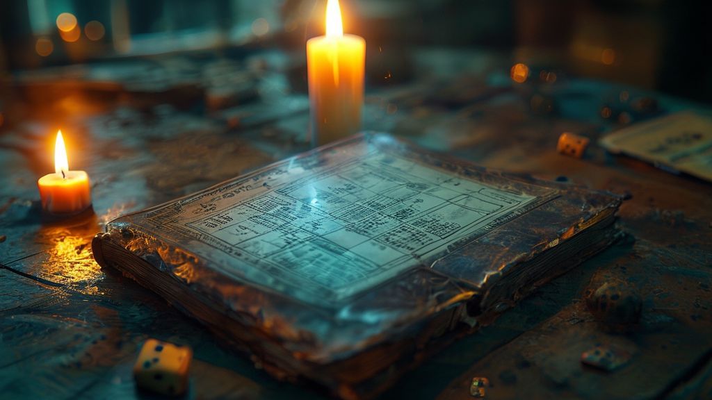 D&D 3.5e Point Buy Calculator on an open book with holographic stats overlay.