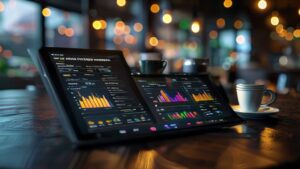Sleek tablet showing a restaurant revenue calculator dashboard on a wooden table, symbolizing financial planning.