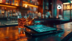 Bar Revenue Calculator dashboard on tablet with whiskey glass in upscale bar.