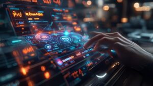 Futuristic holographic Revenue Share Calculator interface maximizing affiliate profits.