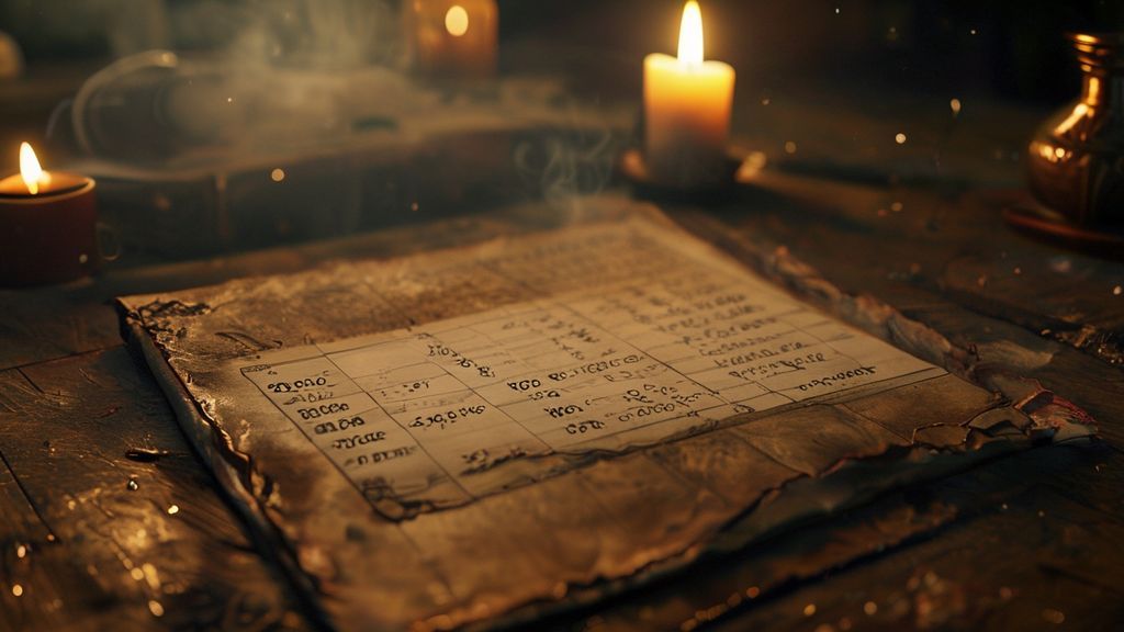 D&D character sheet with ability scores and golden d20 die on wooden table by candlelight