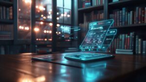 Futuristic holographic Average Cost Calculator interface on a desk