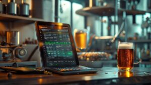 Homebrewer using beer cost calculator with brewing equipment