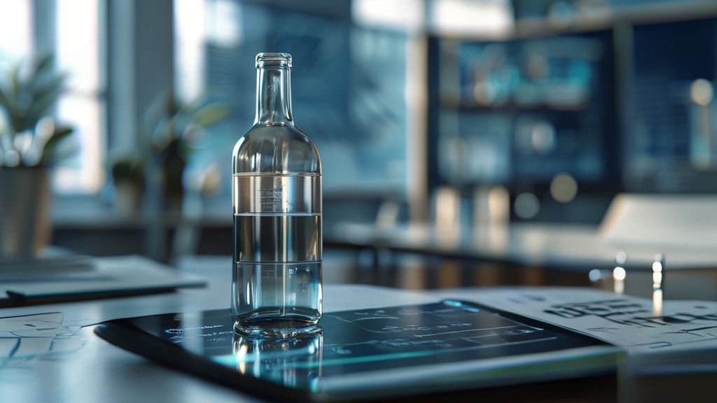 Bottle cost calculator on tablet with glass bottle, professional packaging expense analysis