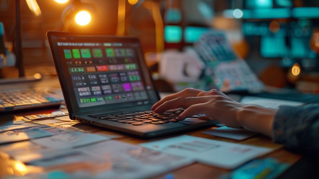 Filmmaker using a box office calculator on a laptop at a production desk