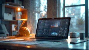 Builders risk insurance cost calculator on a desk with construction tools and blueprints