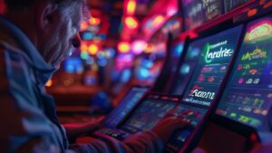 Arcade owner using a revenue calculator on a tablet to maximize profits.