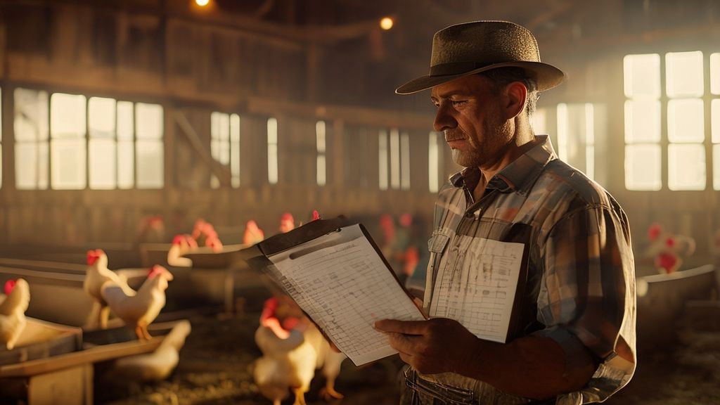 Farmer calculating chicken costs with spreadsheet in organized barn