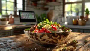 Professional Chipotle bowl with nutritional calculator on tablet for calorie tracking