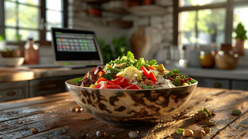 Professional Chipotle bowl with nutritional calculator on tablet for calorie tracking