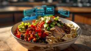 Chipotle burrito bowl with holographic macro calculator overlay showing nutrition data
