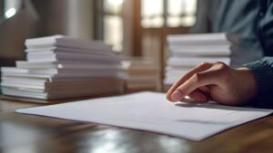 Hand holding paper sheet comparing cost per sheet on desk with calculator