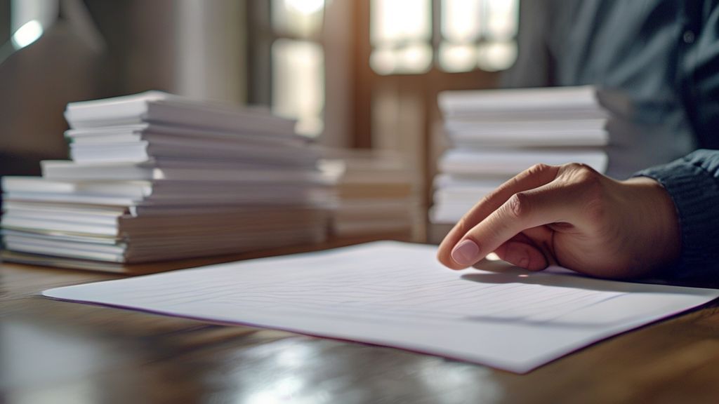 Hand holding paper sheet comparing cost per sheet on desk with calculator