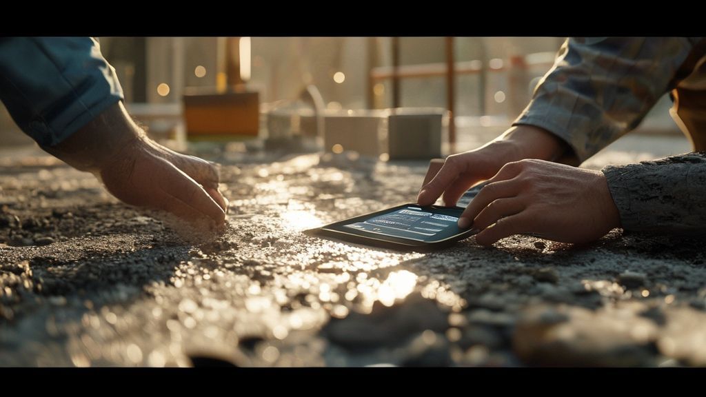 Contractor using digital Concrete Cost Calculator on a tablet at a construction site.