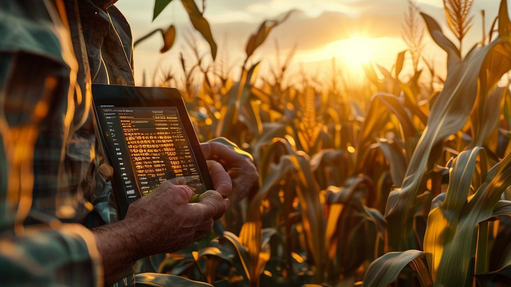 Farmer using corn cost calculator in golden cornfield at sunset
