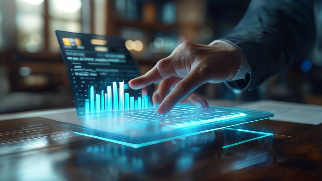 Professional analyzing cost efficiency calculator data on holographic interface