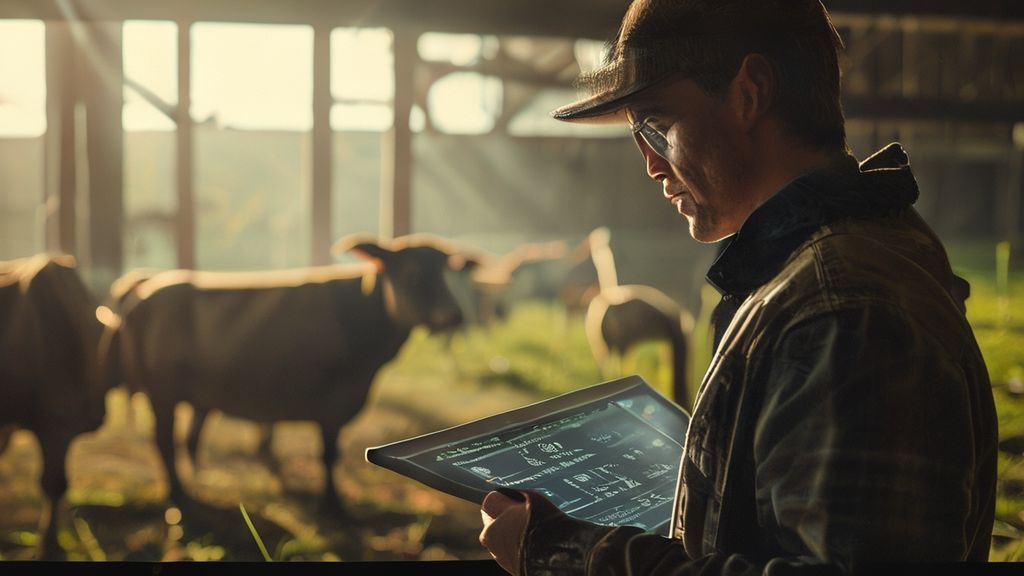 Producer using a Cost of Gain Calculator on a tablet to analyze livestock profitability data.