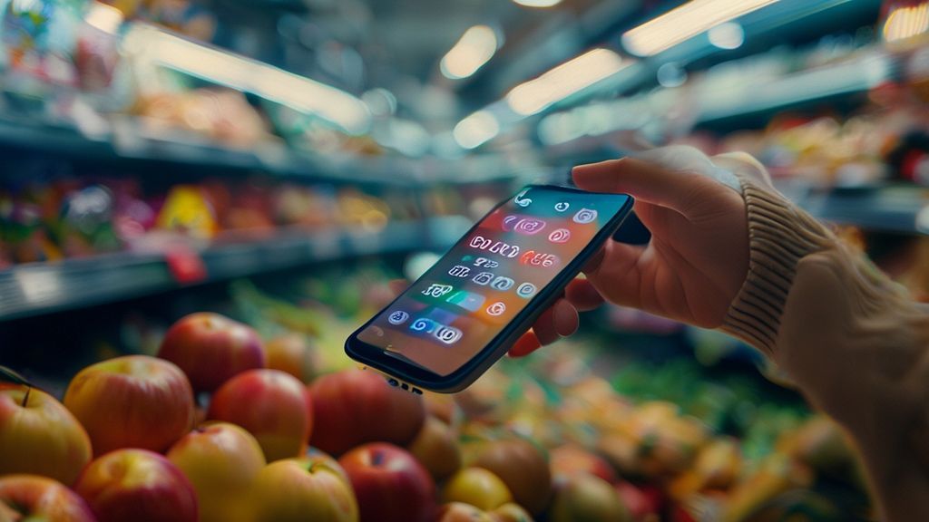 Shopper using a cost per 100g calculator on a smartphone in a grocery store.