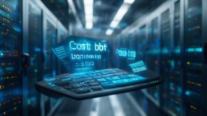 Futuristic holographic cost per bit calculator in server room