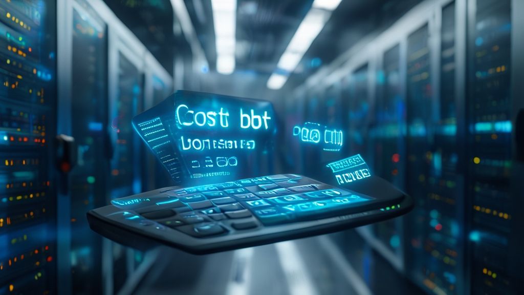 Futuristic holographic cost per bit calculator in server room