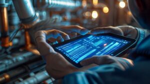 Technician using Cost Per CFM Calculator on tablet for HVAC optimization.