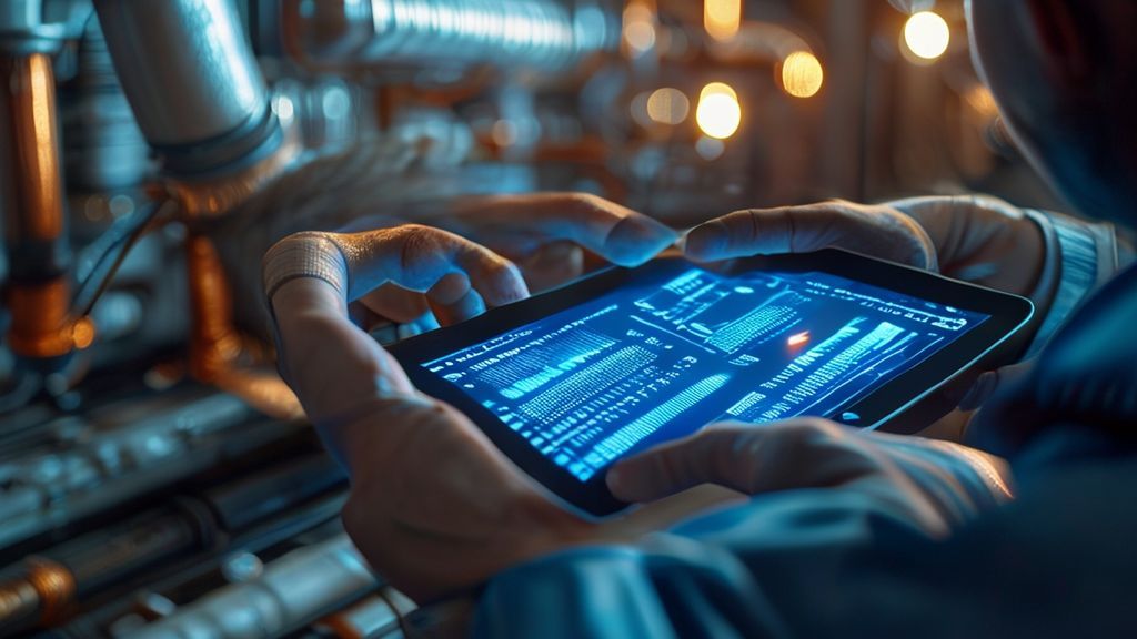 Technician using Cost Per CFM Calculator on tablet for HVAC optimization.