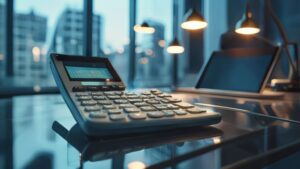 Digital calculator displaying cost per contact metric on a professional desk with analytics dashboard