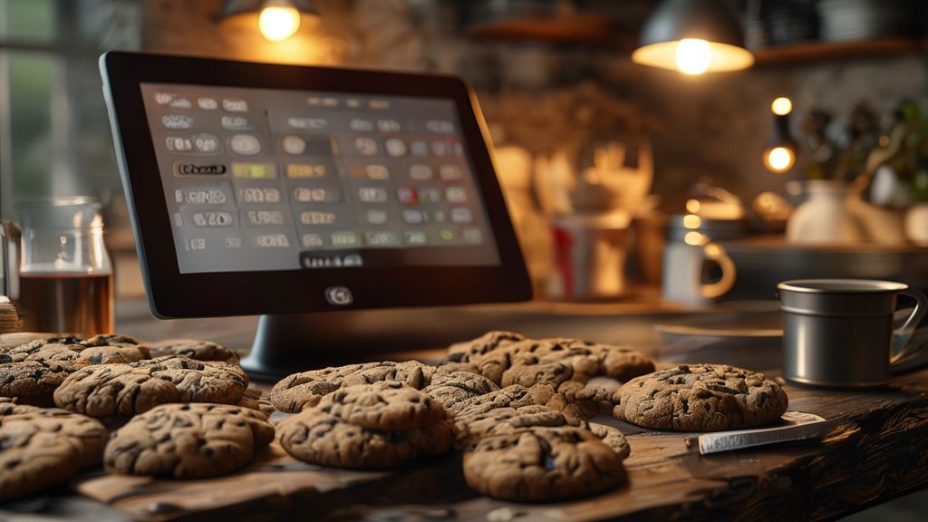 Baker using cost per cookie calculator on tablet with fresh cookies