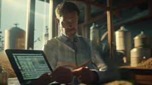 Agricultural trader using cost per Cwt calculator on tablet in modern farm office