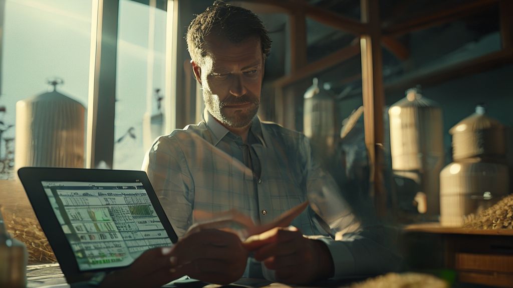 Agricultural trader using cost per Cwt calculator on tablet in modern farm office