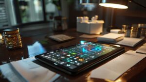 Professional financial analyst using a cost per dose calculator on a tablet amidst budgeting documents and pill bottles