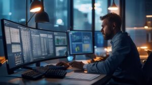 Financial analyst calculating labor costs on computer with calculator