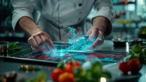 Chef calculating recipe costs with a digital ingredient calculator in a professional kitchen.