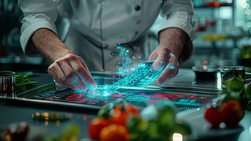 Chef calculating recipe costs with a digital ingredient calculator in a professional kitchen.