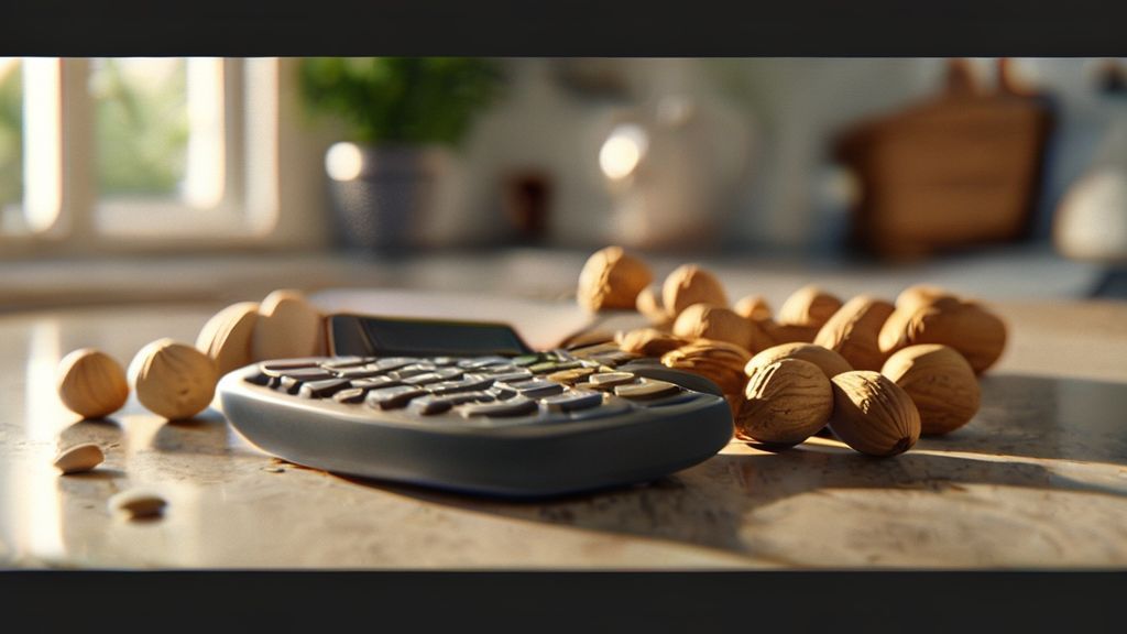 Digital calculator showing cost per nut with almonds and cashews on kitchen counter
