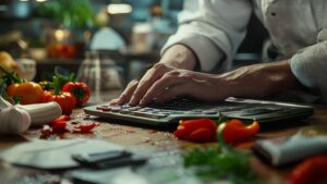 Chef calculating cost per portion with calculator and ingredients in kitchen