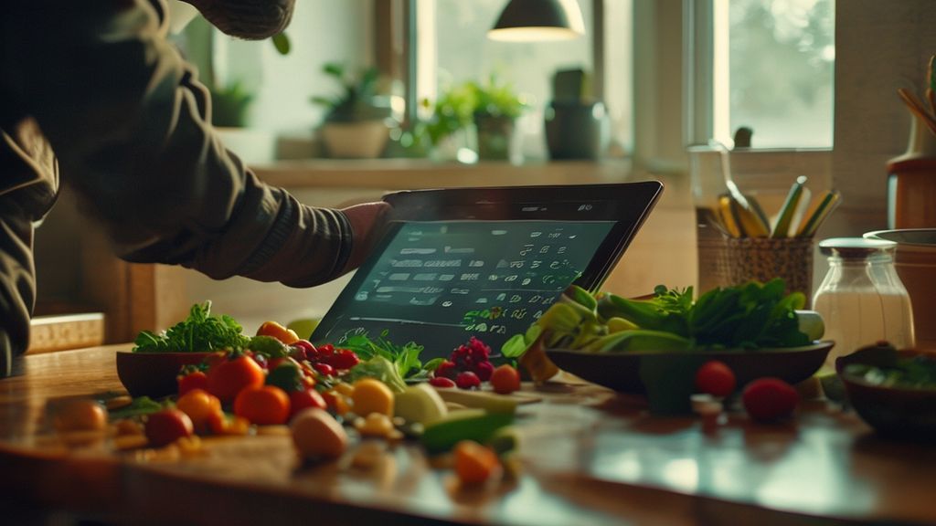 Hands using a cost per serving calculator with fresh ingredients for budget meal planning