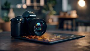 Professional photographer's desk with DSLR camera and cost calculator tablet