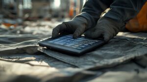 Construction manager using a digital calculator on a tarp for accurate material cost estimation.