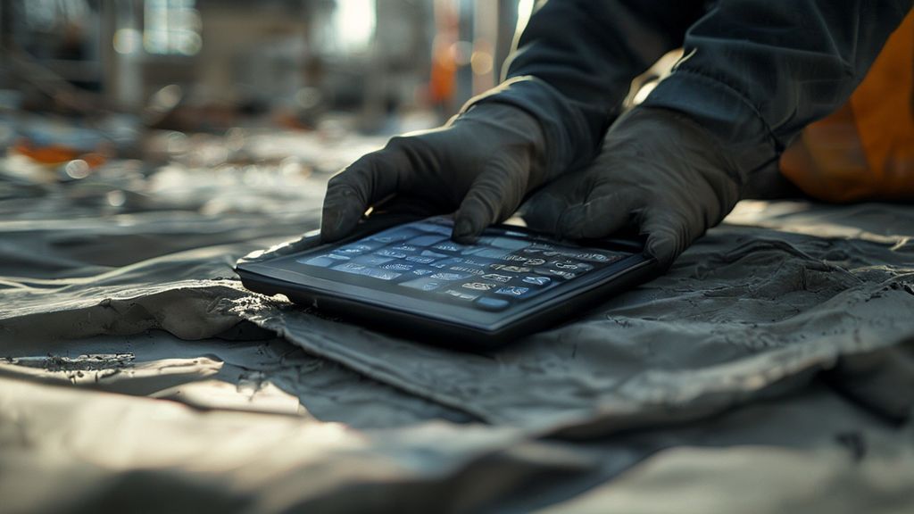 Construction manager using a digital calculator on a tarp for accurate material cost estimation.