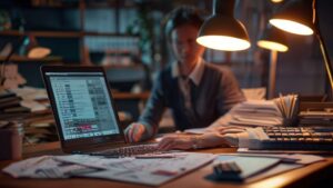 Professional event planner using cost per ticket calculator on laptop for budgeting