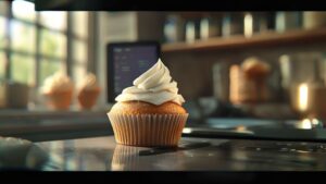 Cupcake cost calculator on tablet next to a perfectly frosted cupcake on a baking tray