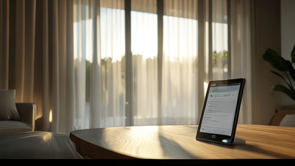 Australian living room with curtains and tablet showing cost calculator