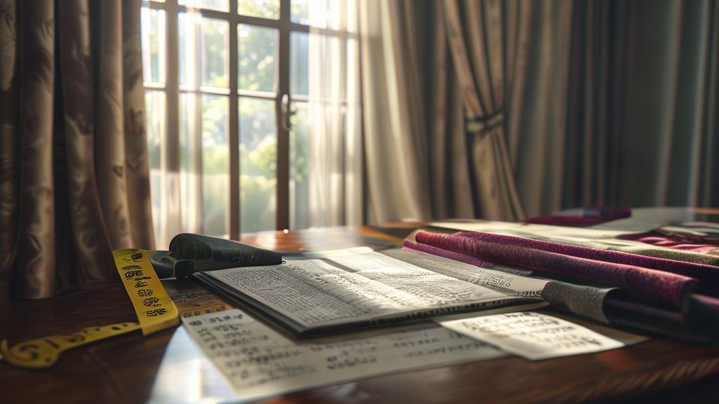 Curtain cost calculator and fabric swatches on a desk for budgeting.