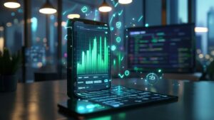 Futuristic smartphone displaying a holographic revenue calculator dashboard with rising charts in a modern office.