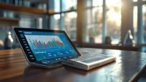 Dairy milk business profit margin calculator dashboard on tablet in professional office setting