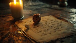 D&D character sheet with optimized stats and dice on dark wood table